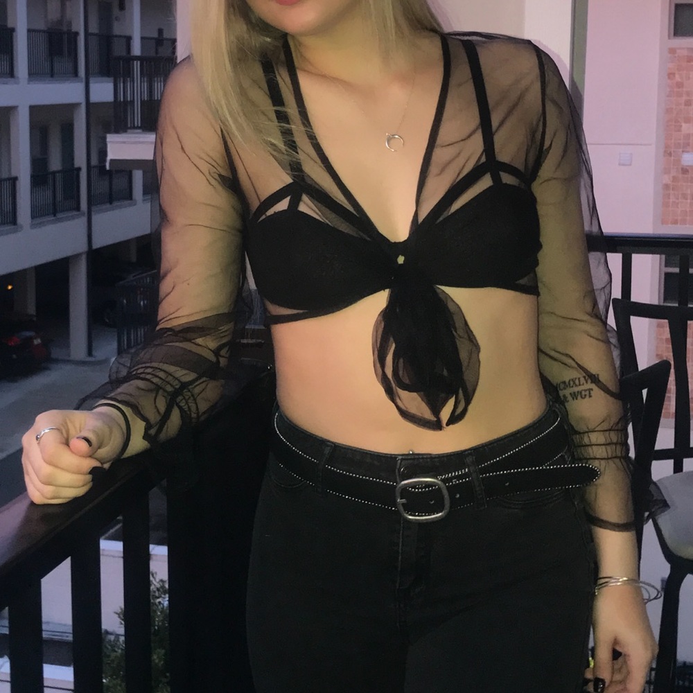 Black Long Sleeve Mesh Crop Top